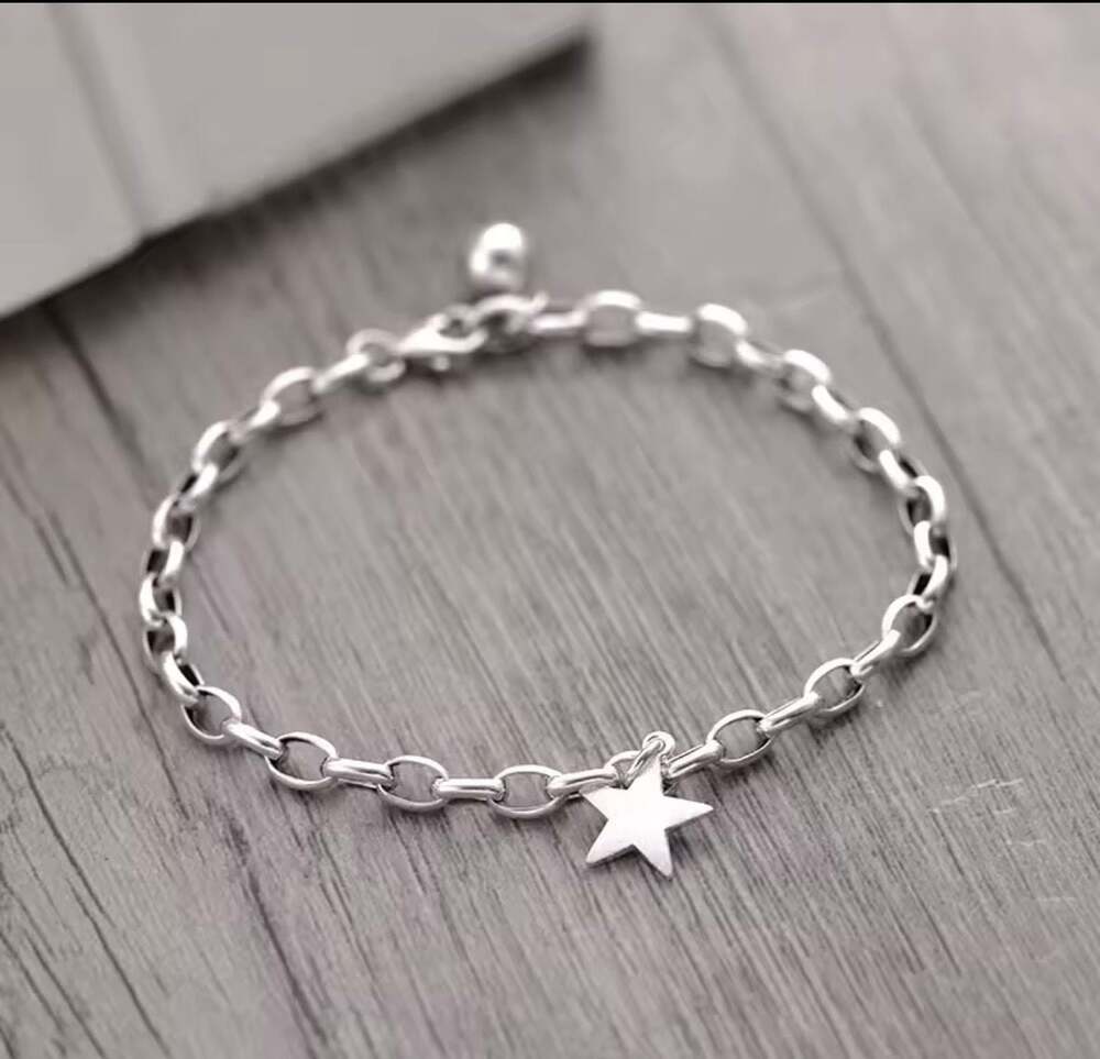 925 Sterling Silver Vintage Star Charm Rolo Chain Bracelet